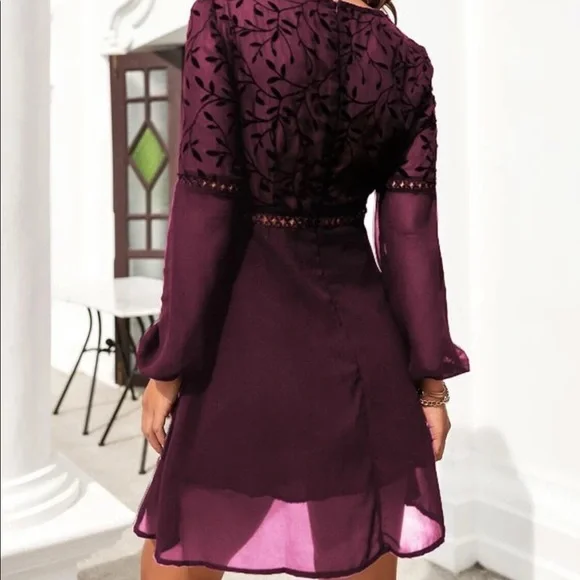 Boho  purple lace insert lantern sleeve mini dress - Picture 12 of 15